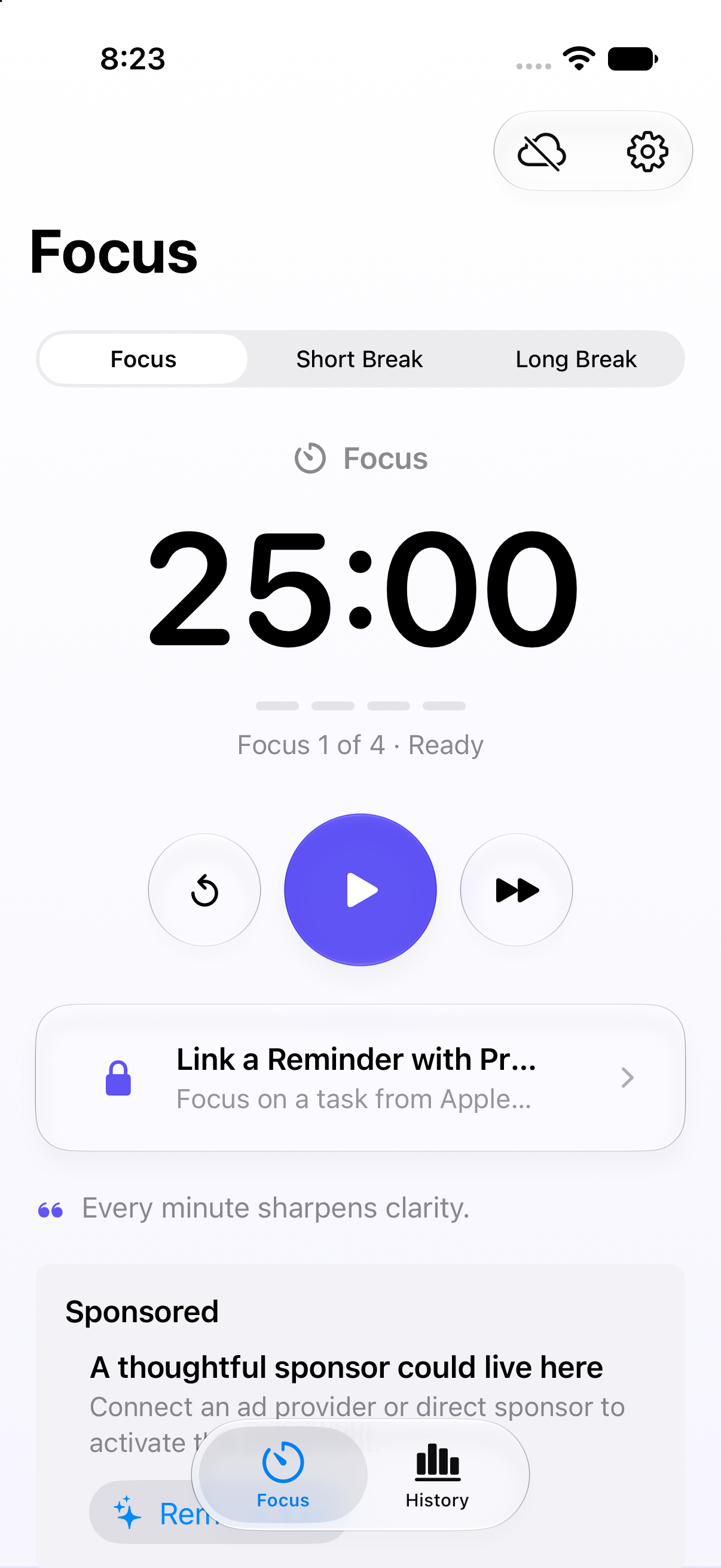 The current Timoire focus timer screen
